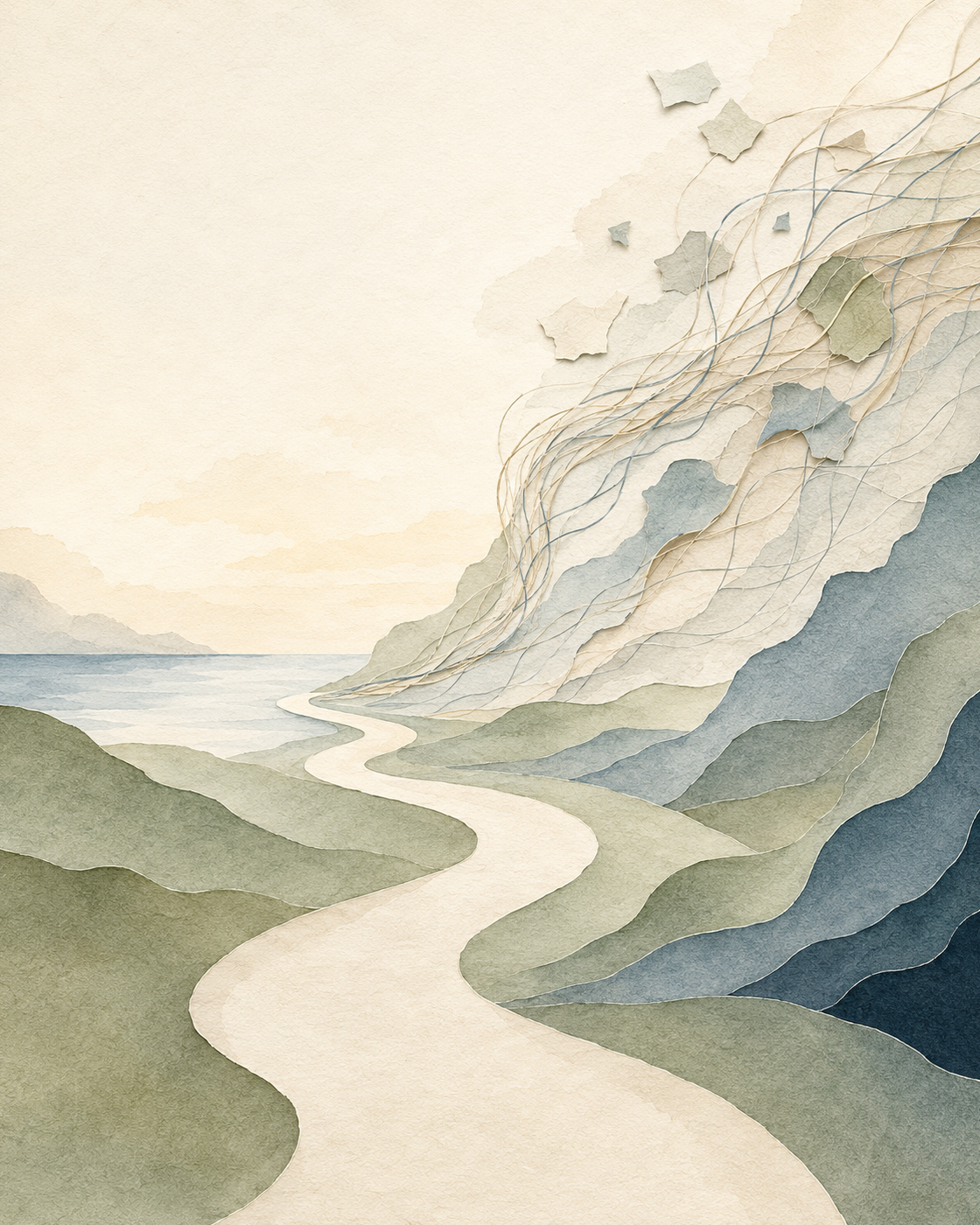 An organic paper landscape where tangled threads resolve into a clear, calm path